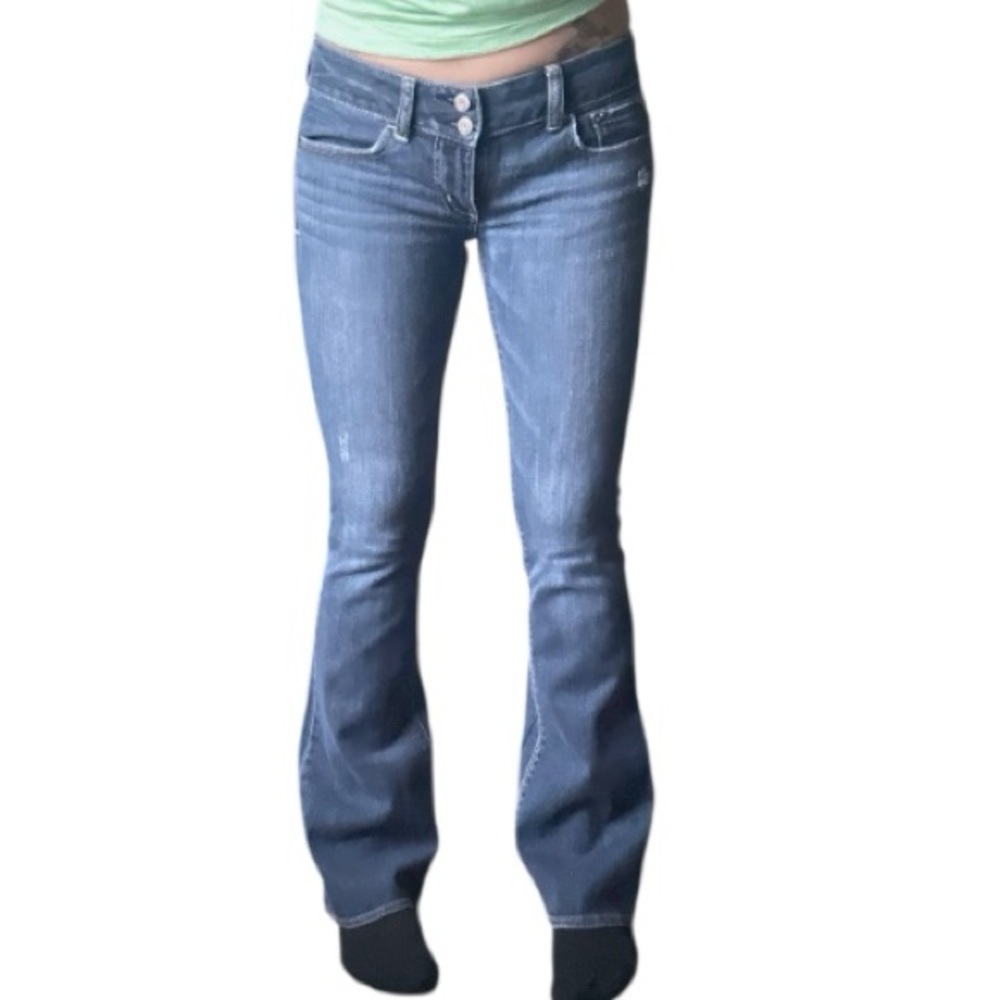 Low Rise Medium Wash Blue Artist Stretch Flare Jeans XS - Picture 8 of 8